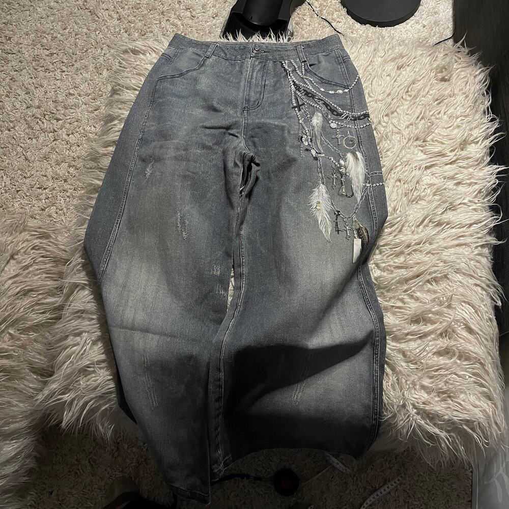 Acne Studios Style 3D Keychain Printed Gray Baggy Wide-leg Jeans size 30